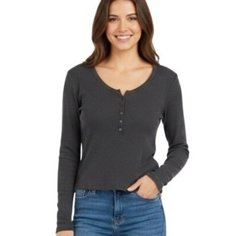 Hollister Shirt Womens XXL Gray Ribbed‎ Henley Long Sleeve Stretch Casual Grunge